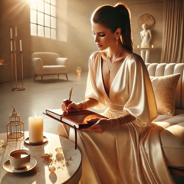 A woman in a cream silk dress writing in a leather journal on a sofa, a candle and a cup of tea beside her.