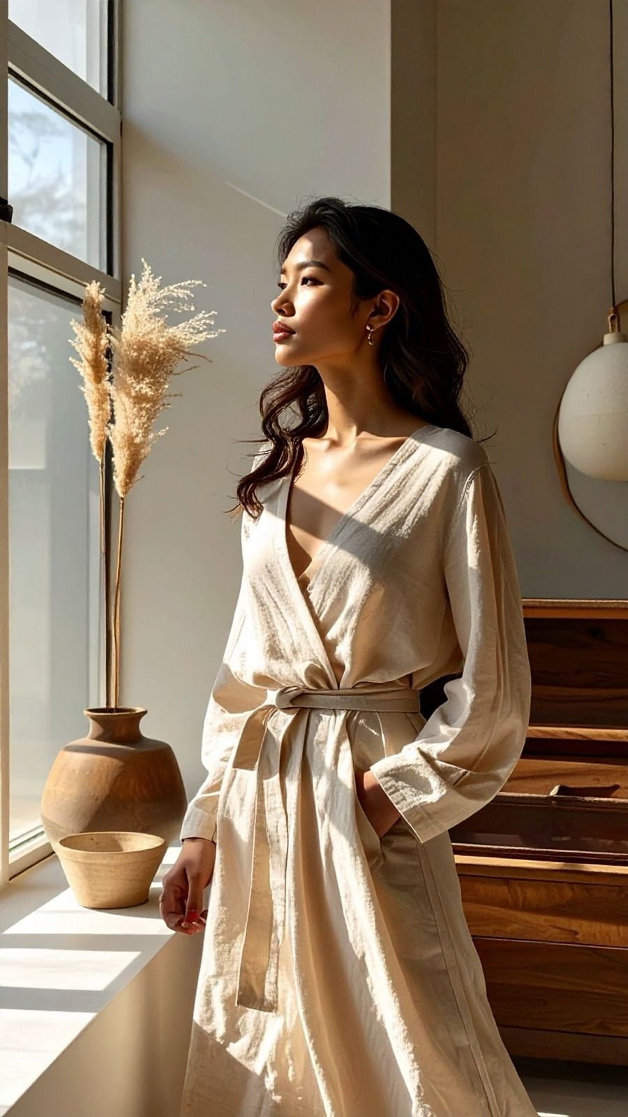 A woman in a linen robe standing by a window, looking out, morning light on the wall beside her.