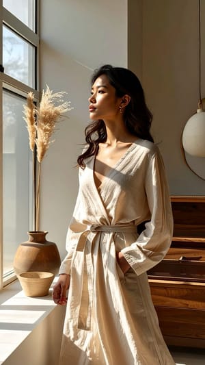 A woman in a linen robe standing by a window, looking out, morning light on the wall beside her.