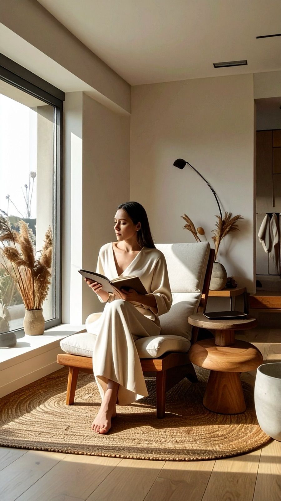 A woman reading in a chair by a tall window, a lamp and dried grasses beside her, light across the rug.