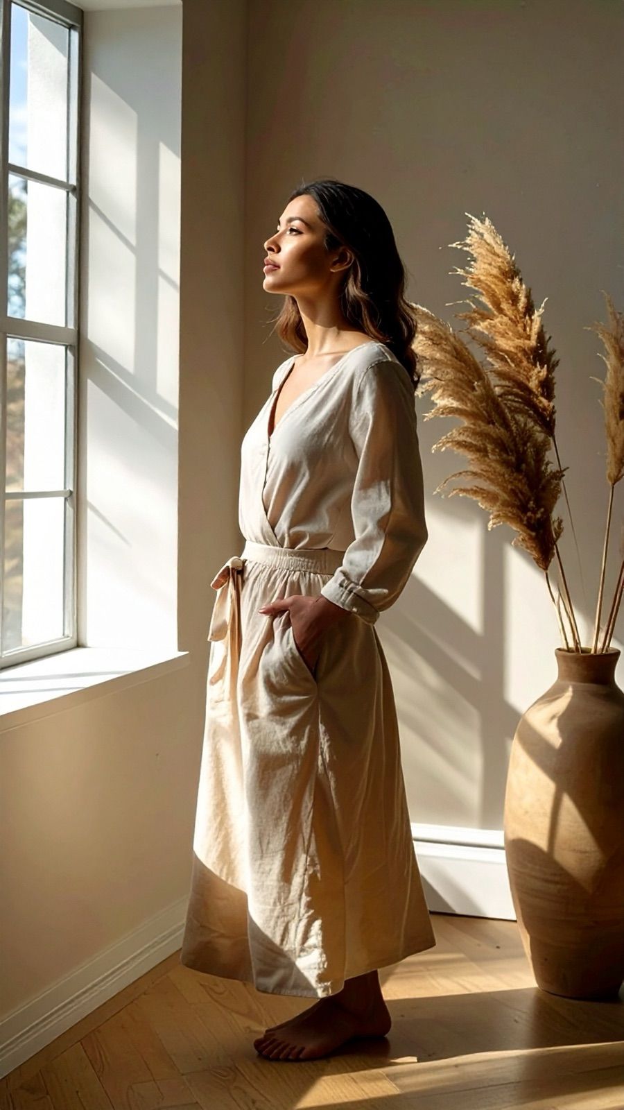 A woman in linen standing at a tall window, looking out, morning light laid across the wall beside her.