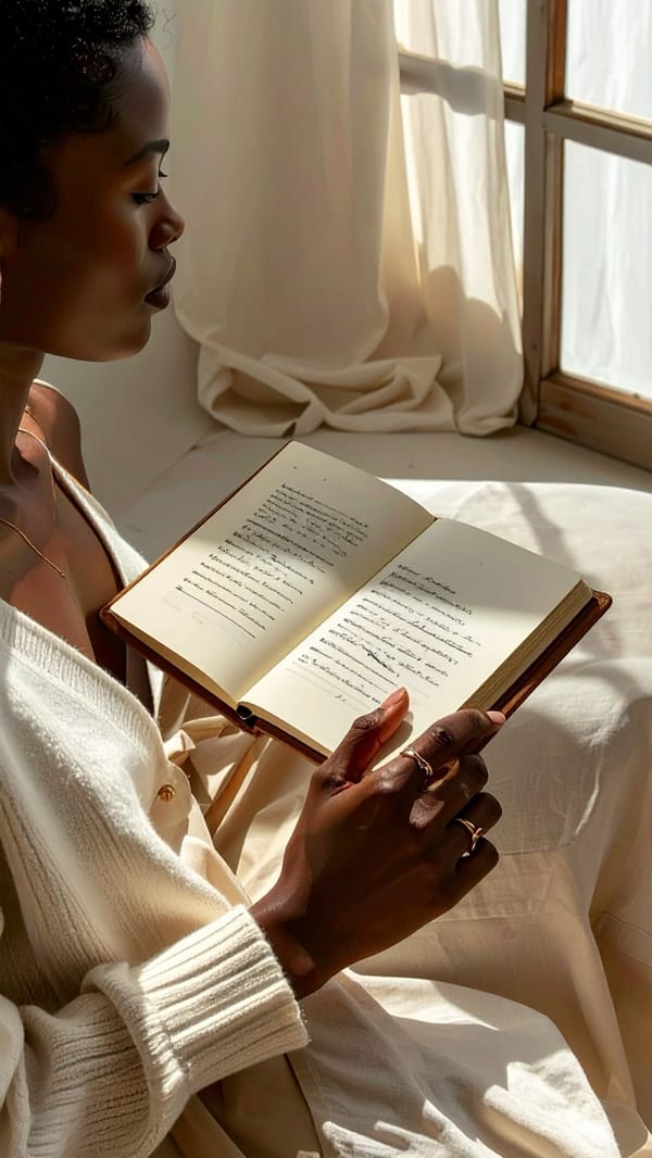 A woman reading a book by a curtained window, her face turned down to the page, soft morning light.