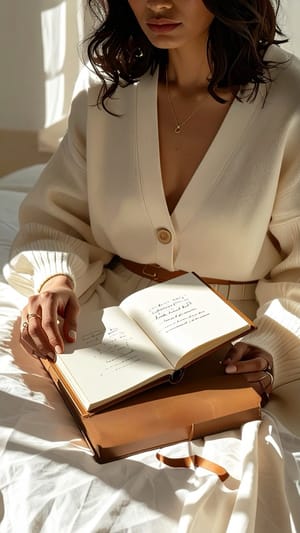 A woman in a cream cardigan reading an open book on her lap, soft light from the side.