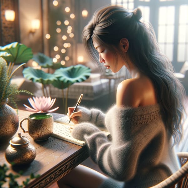 A woman writing at a small desk beside a pot of tea and a lotus, warm lights out of focus behind her.