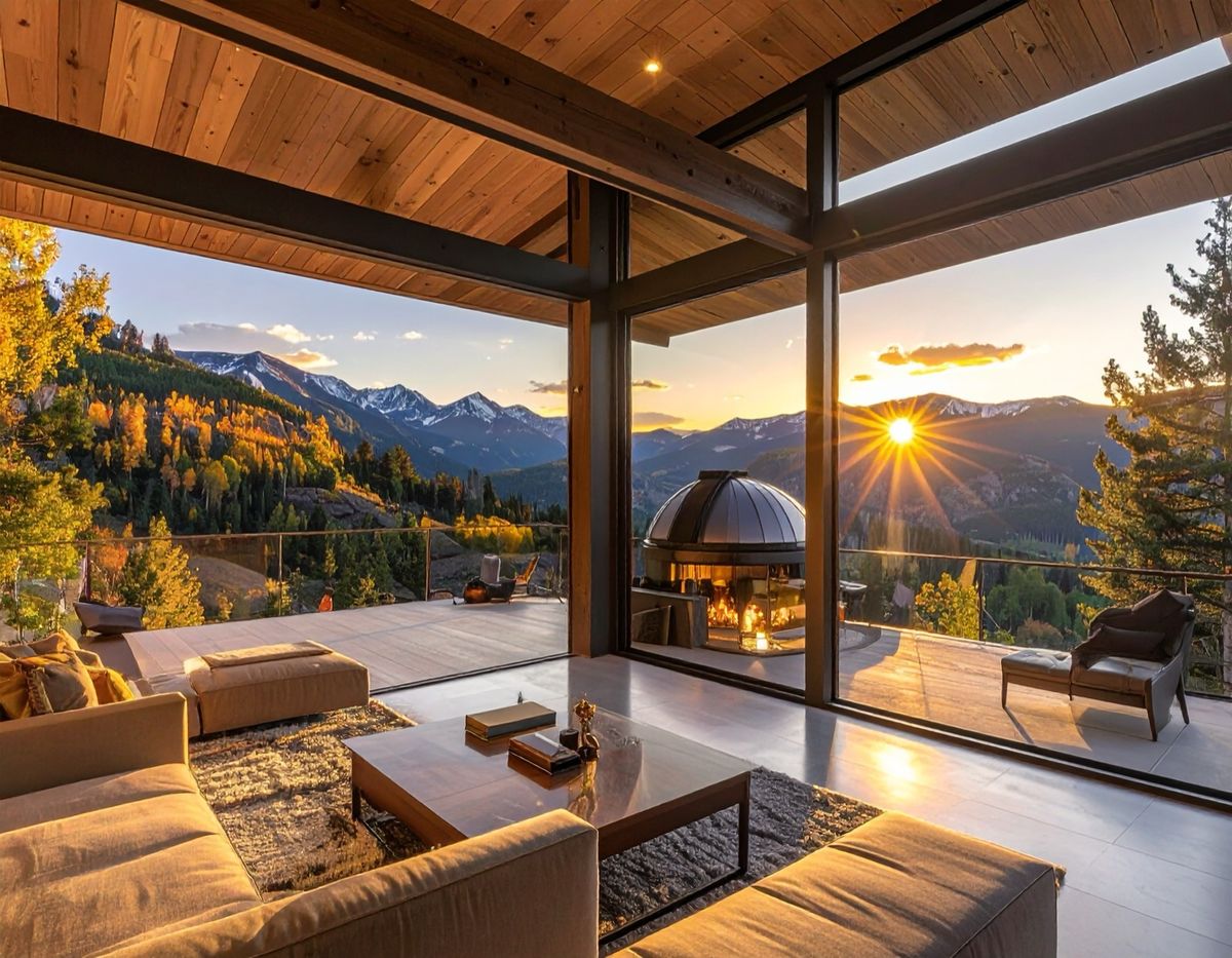 A timber living room open to a terrace, the sun setting over forested mountains.