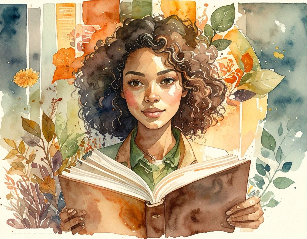 A watercolour of a young woman with an open book, flowers and leaves around her.