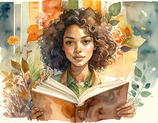 A watercolour of a young woman with an open book, flowers and leaves around her.