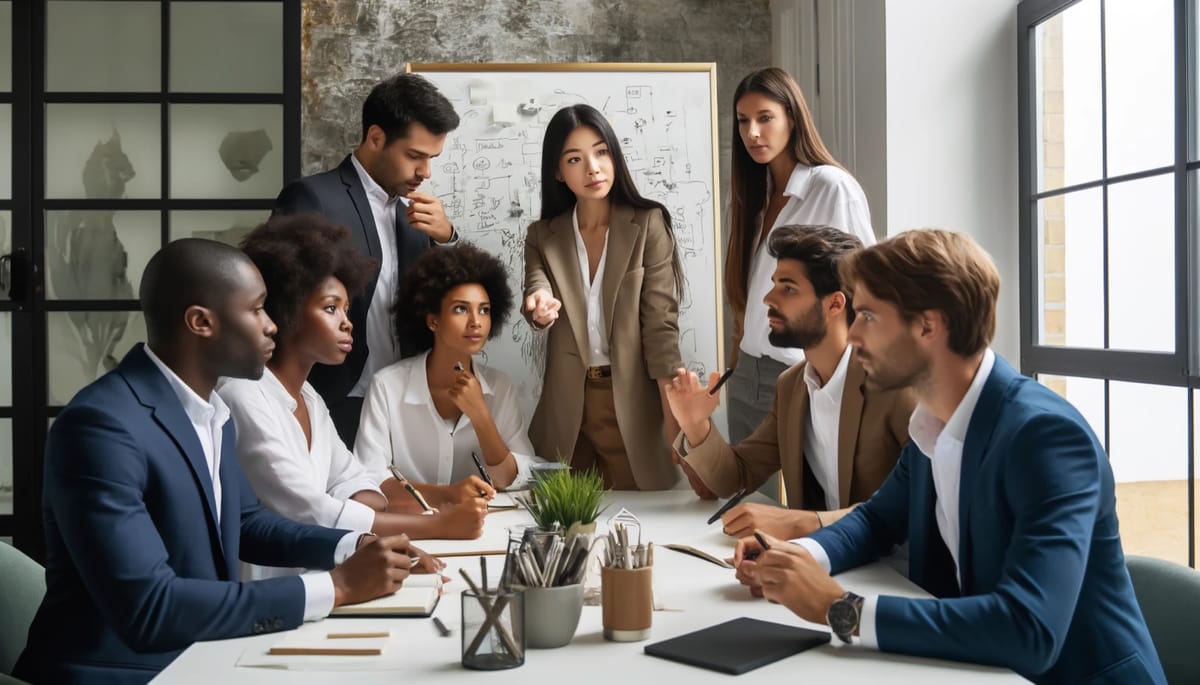 A team seated around a white table in a meeting, one woman standing to speak, a board of sketches behind them.
