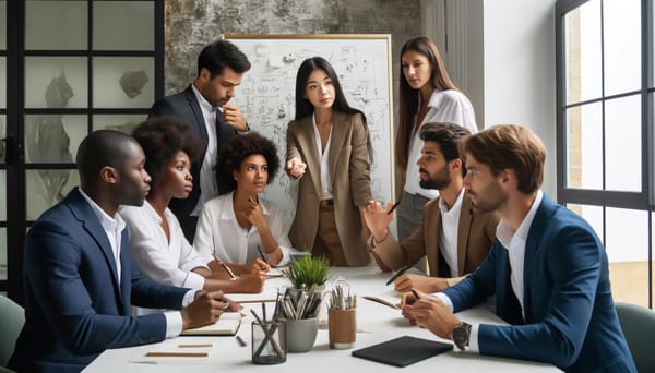 A team seated around a white table in a meeting, one woman standing to speak, a board of sketches behind them.