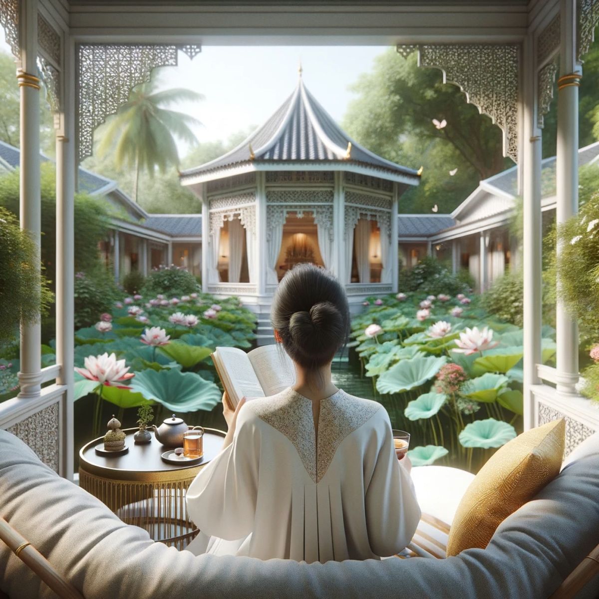 A woman seen from behind, reading on a cushioned bench that looks out over a lotus pond toward a garden pavilion.