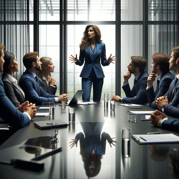 A woman standing at the far end of a glass boardroom table, speaking to the board seated on either side.