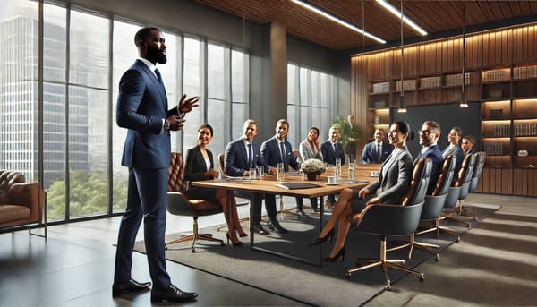 A man standing at the end of a long boardroom table, the board seated and listening, daylight through the glass wall.