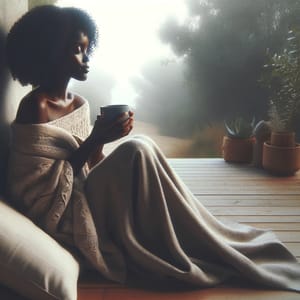 A woman wrapped in a blanket holding a cup on a wooden terrace, morning mist over the trees beyond.