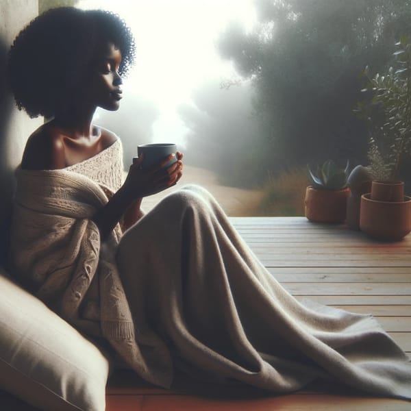 A woman wrapped in a blanket holding a cup on a wooden terrace, morning mist over the trees beyond.