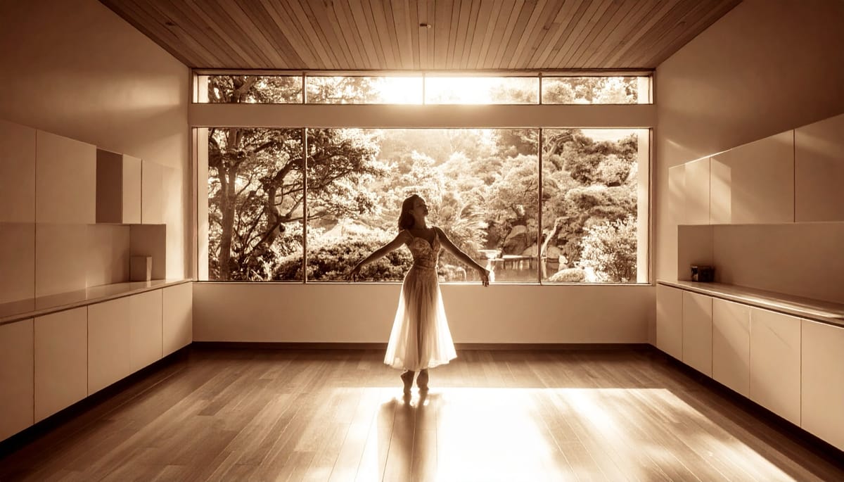A woman standing alone in an empty room before a wide window of trees, sepia light running across the floor toward her.