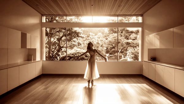 A woman standing alone in an empty room before a wide window of trees, sepia light running across the floor toward her.