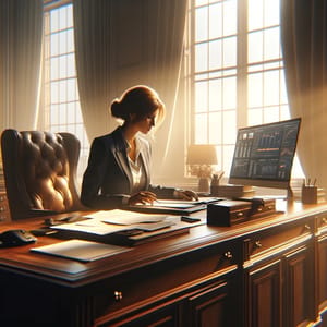A woman at a broad wooden desk sorting papers, afternoon sun pouring through the tall windows behind her.