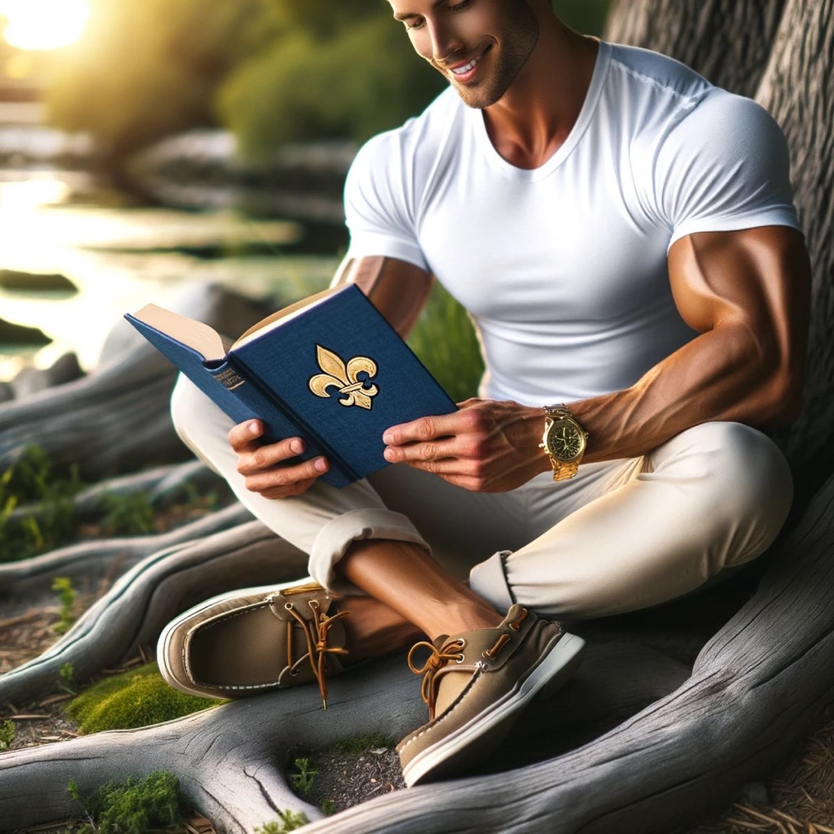 A man in a white shirt seated against a tree trunk, reading a blue book, sunlight on the water behind him.
