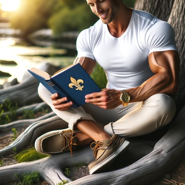 A man in a white shirt seated against a tree trunk, reading a blue book, sunlight on the water behind him.