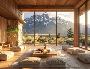 A timber room with a low fire and floor cushions, a wall of glass framing snow-capped mountains.
