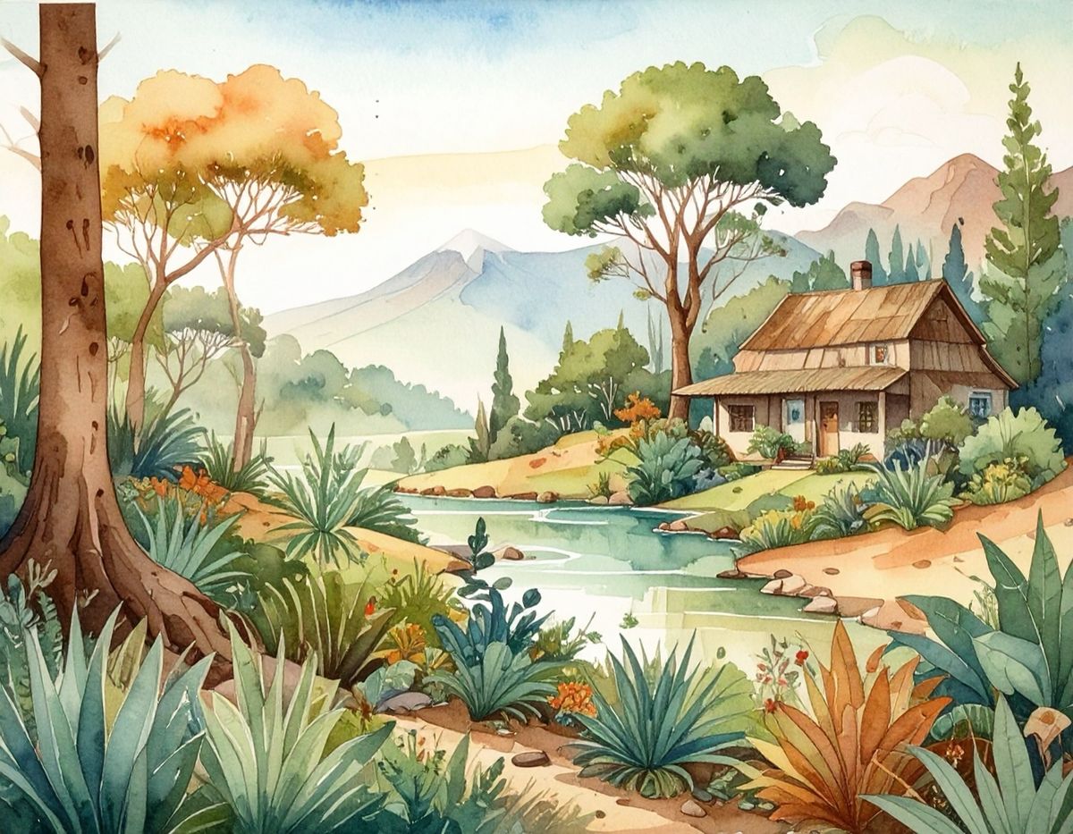 A watercolour of a house beside a river among trees and agave, hills in the distance.
