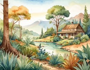 A watercolour of a house beside a river among trees and agave, hills in the distance.