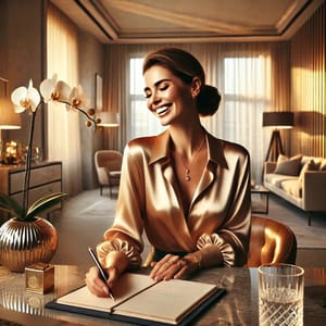 A woman in a bronze silk blouse writing in a book at a desk, smiling down at the page, lamplight behind her.