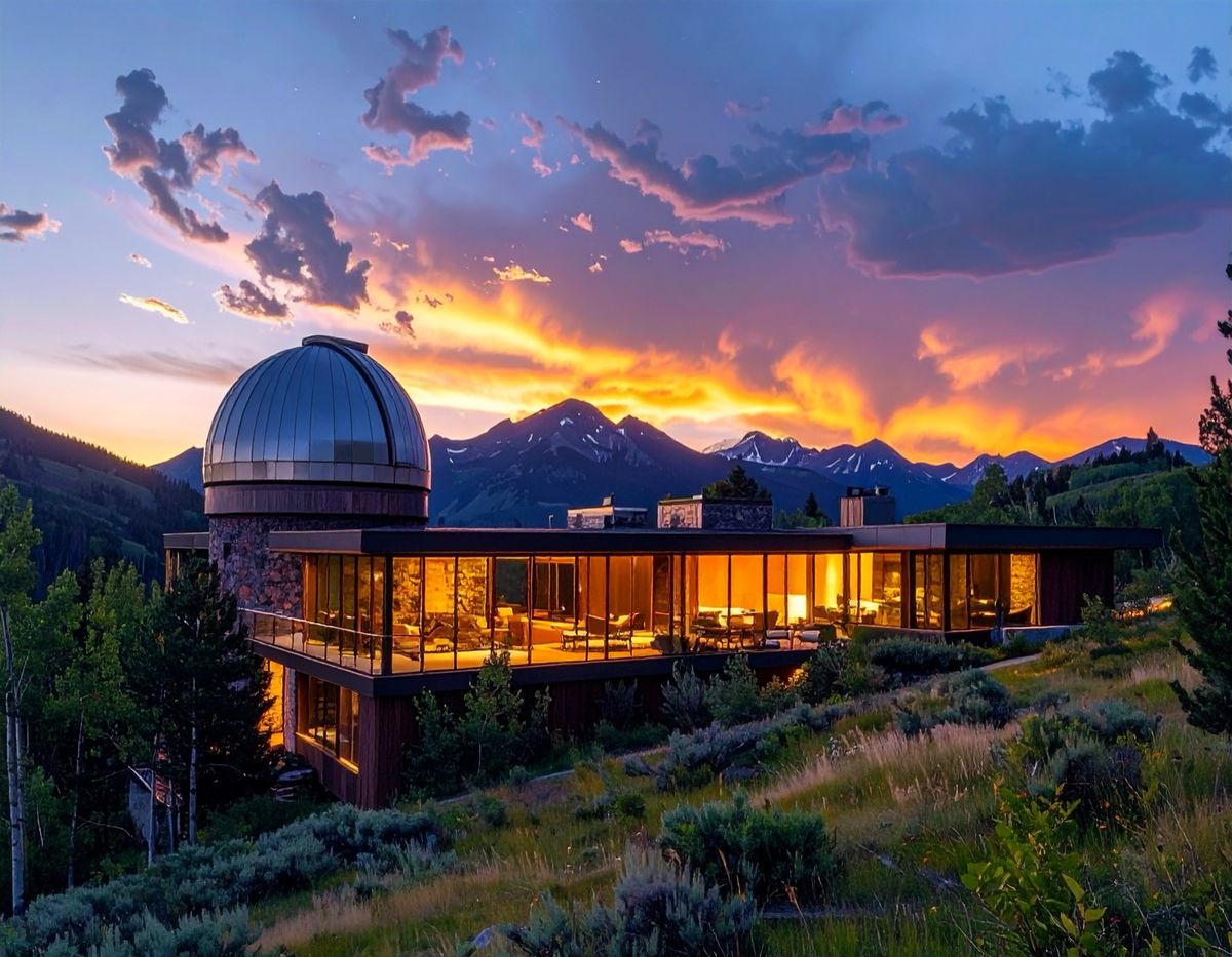 An observatory dome on a lodge at dusk, its windows lit, red cloud over the mountains.