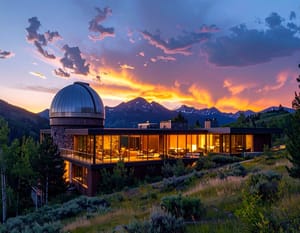 An observatory dome on a lodge at dusk, its windows lit, red cloud over the mountains.