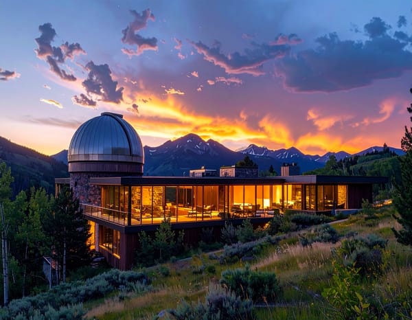 An observatory dome on a lodge at dusk, its windows lit, red cloud over the mountains.