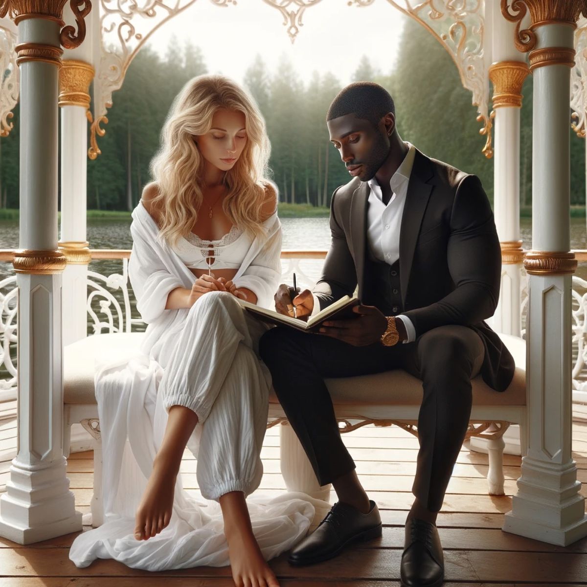 A woman and a man seated together in a white gazebo, both writing in notebooks, daylight off the lake behind them.