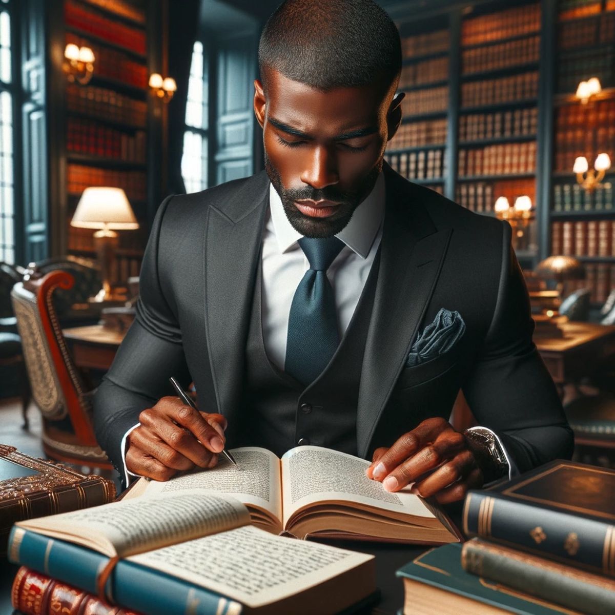 A man in a dark suit writing in an open book at a library desk, lamps lit among the shelves.