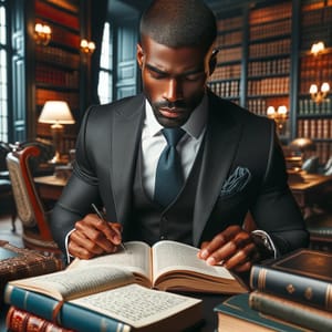 A man in a dark suit writing in an open book at a library desk, lamps lit among the shelves.