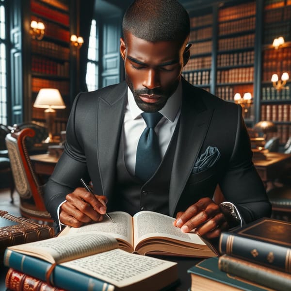 A man in a dark suit writing in an open book at a library desk, lamps lit among the shelves.