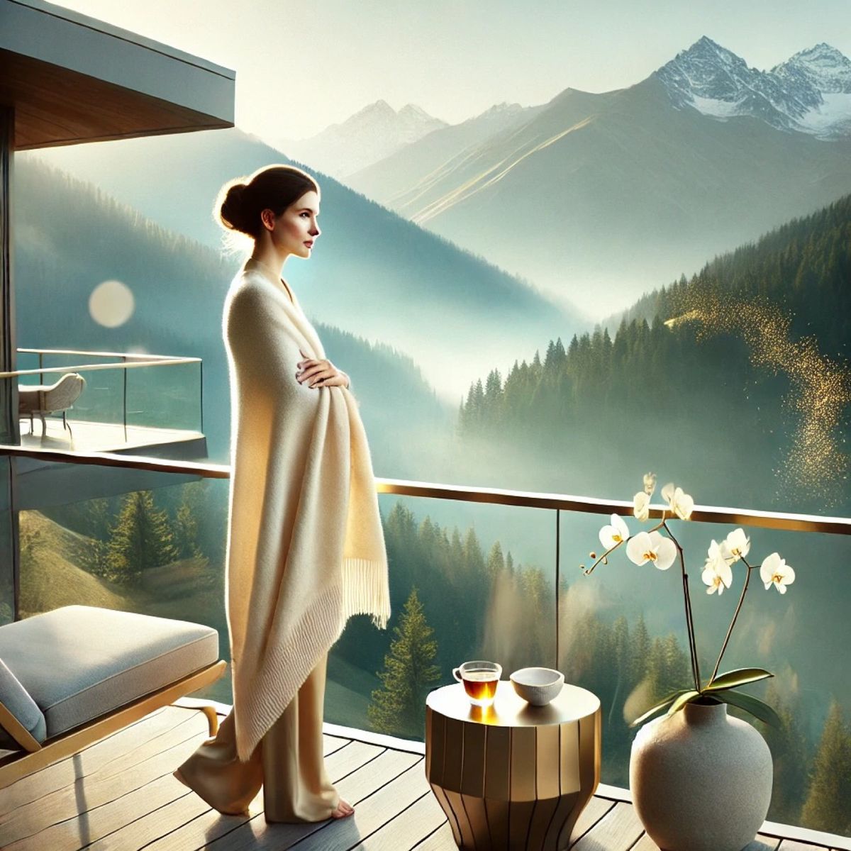 A woman wrapped in a cream shawl standing on a balcony above a forested valley, mist lying in the folds of the hills.