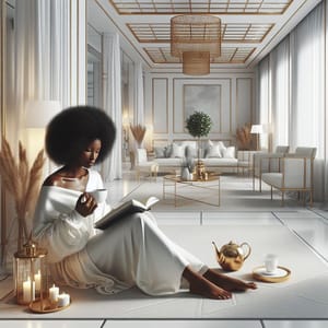 A woman seated on the floor of a long white room reading, a cup and a teapot beside her, candles lit.