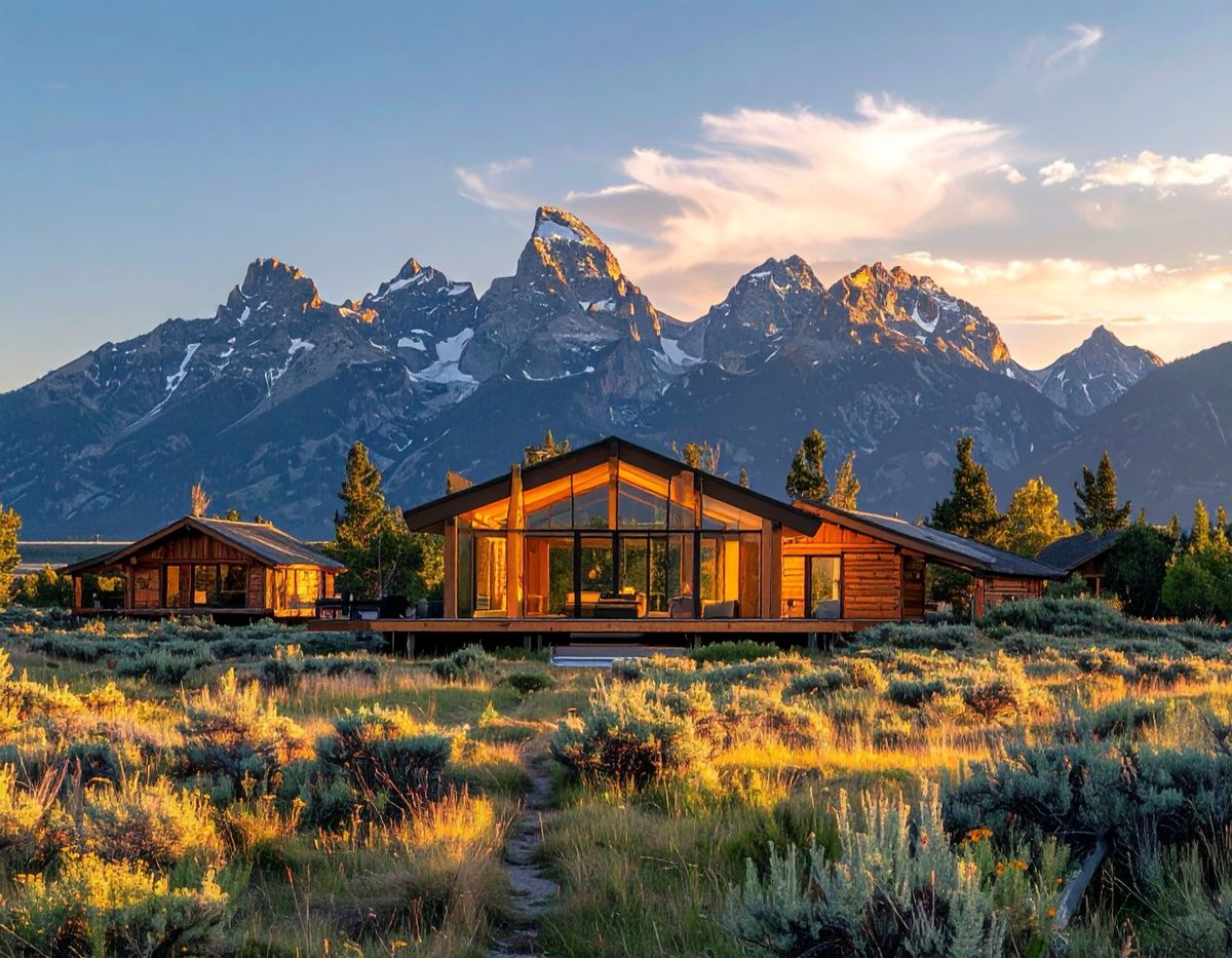 Timber lodges at the foot of jagged mountains, their windows lit gold as the sun goes down over the sage.
