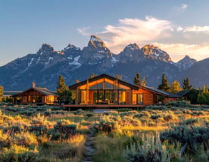 Timber lodges at the foot of jagged mountains, their windows lit gold as the sun goes down over the sage.
