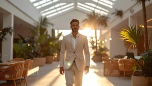 A man in a pale suit walking through a glass-roofed hall of plants, the low sun behind him.