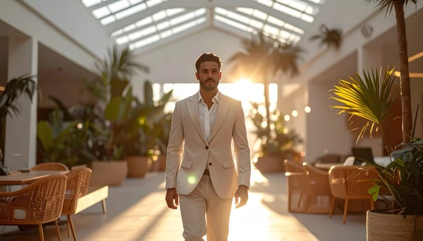 A man in a pale suit walking through a glass-roofed hall of plants, the low sun behind him.