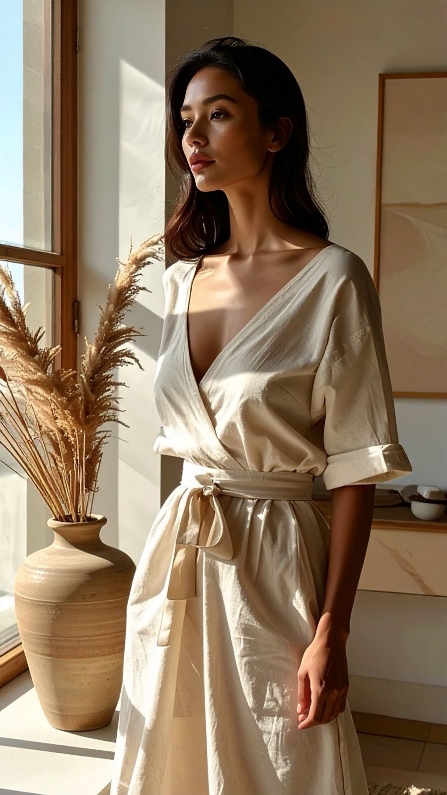 A woman in a linen robe standing by a window beside a vase of dried grasses, light on her shoulder.