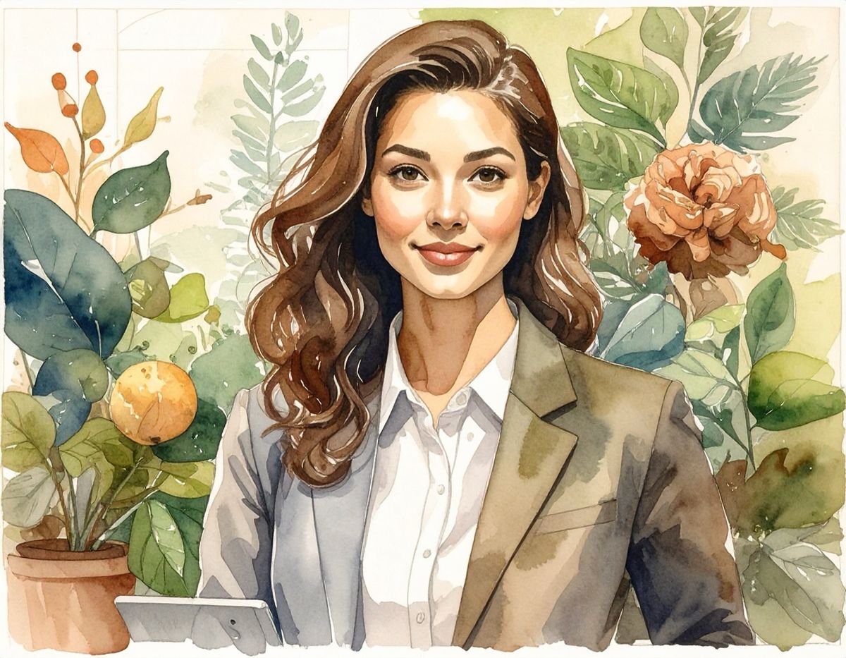 A watercolour portrait of a woman in a tailored jacket among leaves and flowers.
