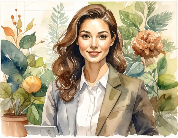 A watercolour portrait of a woman in a tailored jacket among leaves and flowers.