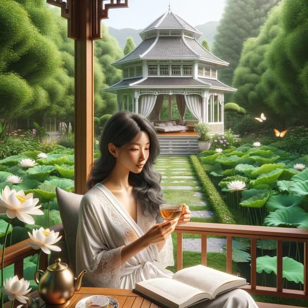 A woman on a veranda holding a cup of tea, a book open beside her, a lotus garden and pavilion beyond.