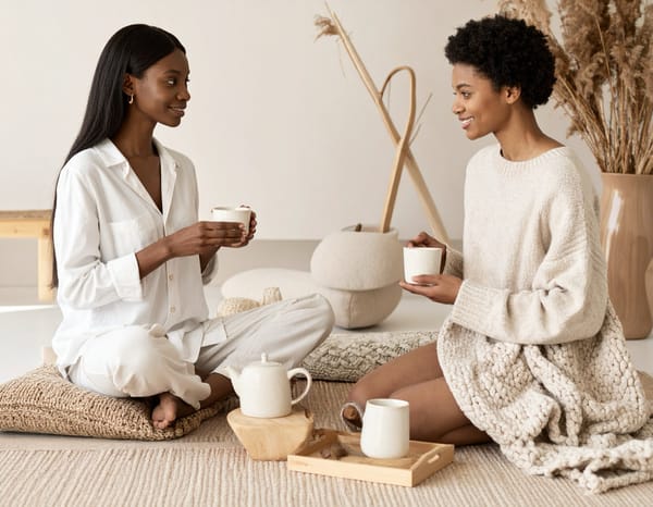 Two women on floor cushions with cups of tea, turned toward each other in conversation, soft window light.