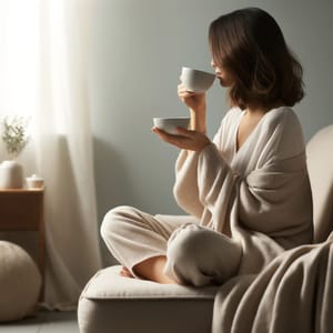 A woman in a soft knit sitting on a sofa, drinking from a cup held in both hands, pale window light.