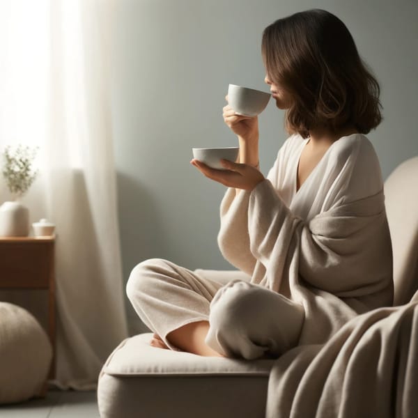 A woman in a soft knit sitting on a sofa, drinking from a cup held in both hands, pale window light.