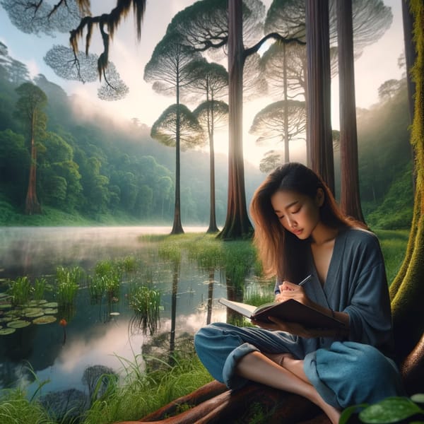 A woman seated against a tree by a misted lake, writing in a book, tall pines around her.