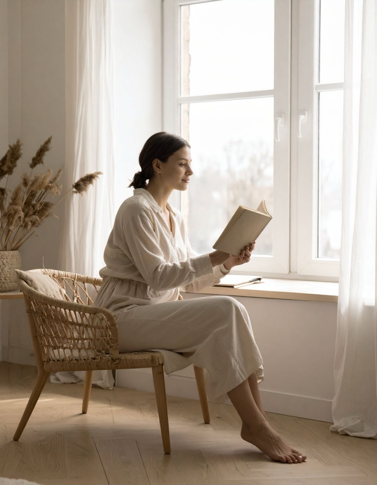 A woman reading in a rattan chair beside a tall white window, light falling across her and the floor.