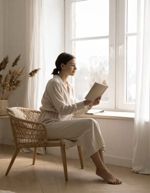 A woman reading in a rattan chair beside a tall white window, light falling across her and the floor.